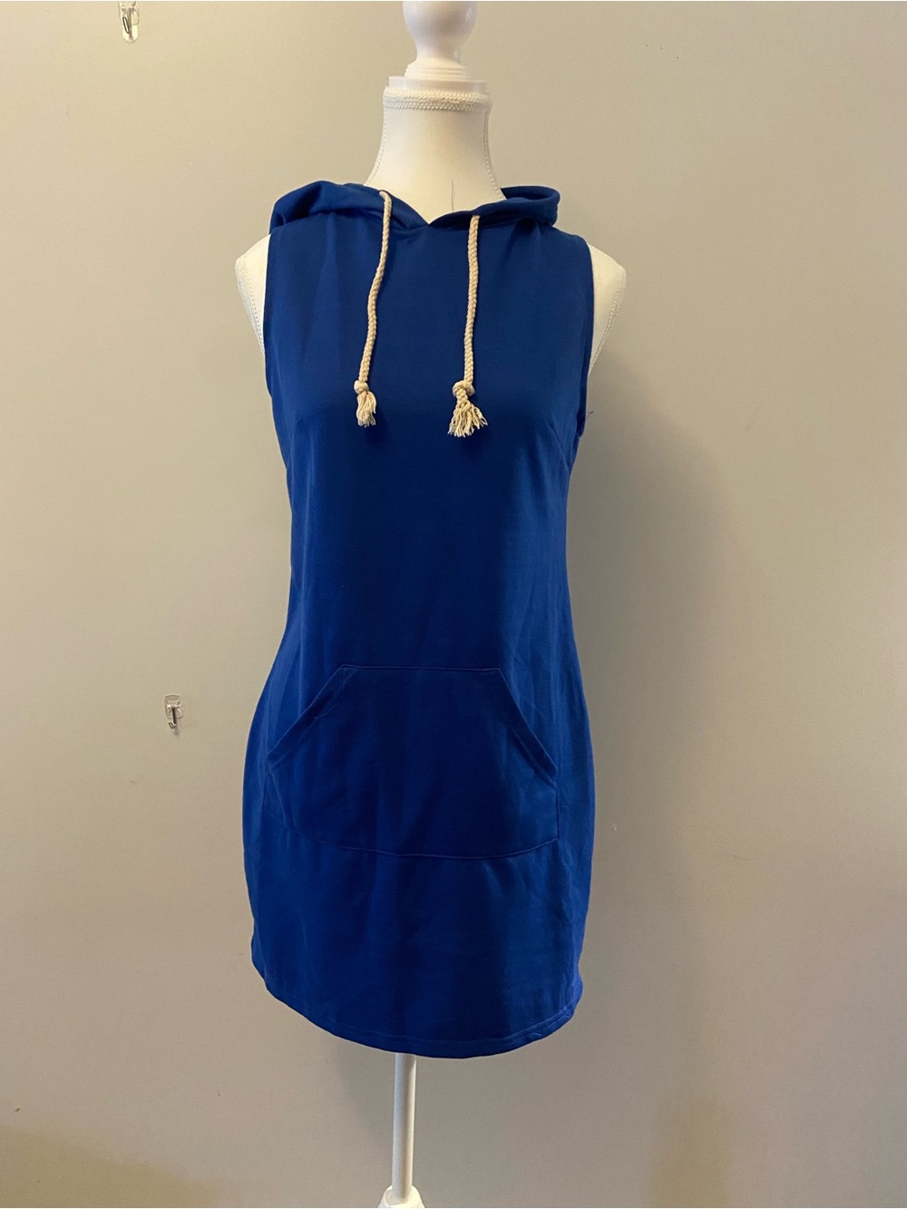 Sleeveless Royal Blue Hoodie Dress with Rope Drawstrings